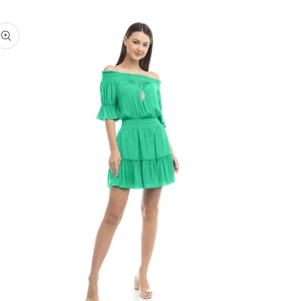 Off-Shoulder Emerald Green Ruffle Mini Dress